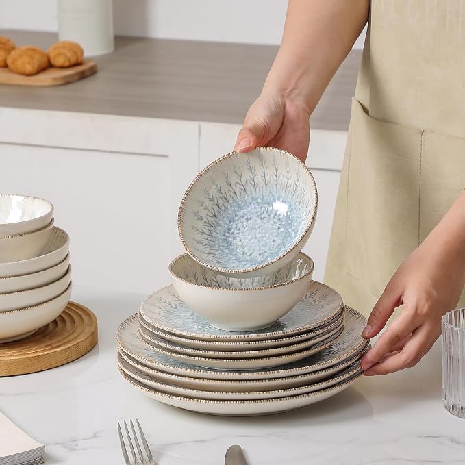 DOMICREVERY Ceramic Dinnerware Sets for 6, 24 pcs Plates and Bowls Sets, Blue Branch