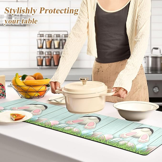 senya Easter Trivet Table Runner 40 Inches Long Easter Bunny Bottom with Pink and Blue Eggs Heat Resistant Hot Pad Multi Purpose Mat for for Hot Pots Pans Kitchen Countertops, B01C23045