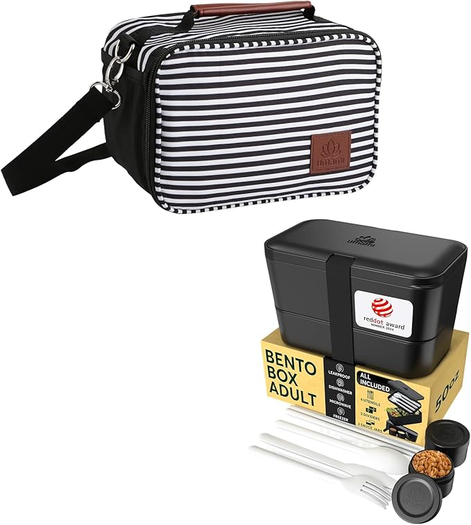 Umami Adult Bento Box Lunch Set Bundle – 50 oz Leakproof Stackable Bento Box with Utensils, Dividers & Sauce Jar + Insulated Lunch Bag, Microwave & Dishwasher Safe
