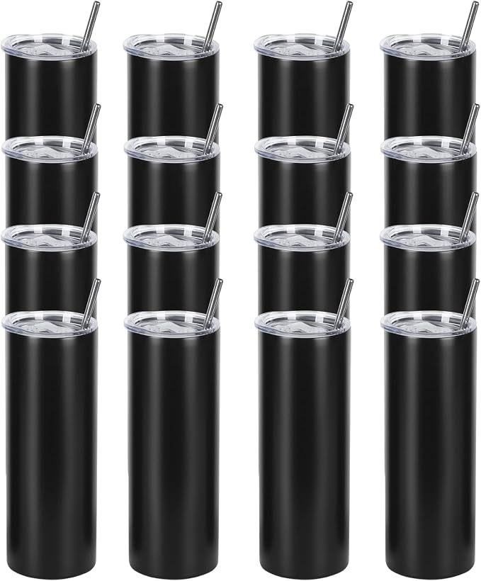 16 Pack 20 Oz Straight Skinny Tumblers,Individually Gift Boxed Stainless Steel Slim Skinny Tumbler Set Bulk, 20 Oz Insulated Slim Thin Travel Tumbler Cup for Diy, Black