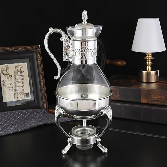 Glass Tea Pot with Warmer, 50 oz Vintage Espresso Kettle Heated Glass Coffee Pot with Handle, Heat Resistant Turkish Coffee Pitcher Teapot for Home Office Cafe Use (Silver)