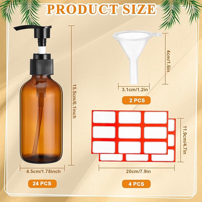 Tanlade 24 Pcs Glass Pump Bottle Dispenser 4 oz Travel Bottles with Pump Refillable Glass Containers for Toiletries Lotion Liquid Soap Shampoo Essential Oils Cosmetic Travel Accessories (Amber)