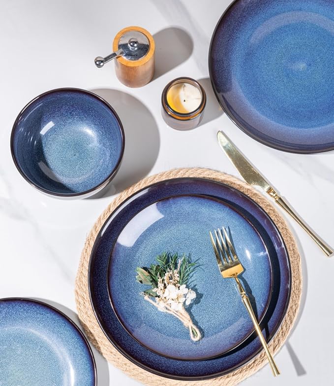 LERATIO Ceramic Dinnerware Sets for 4,16-Piece Reactive Glaze Plates and Bowls Set with Mugs,Highly Chip and Crack Resistant | Dishwasher,Microwave & Oven Safe Dishes set-Blue
