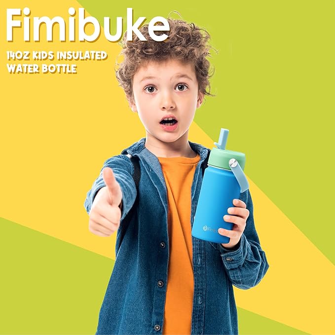 Fimibuke Kids Insulated Water Bottle, 14oz BPA FREE 18/8 Stainless Steel Travel Tumbler Double Wall Vacuum Leak Proof Kids Cup with Straw Metal Water Bottle for School Boys Girls(1 Pack, Turquoise)