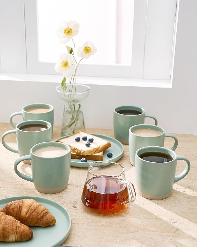 famiware Coffee Mugs Set of 8, Milkyway 13 oz Mug Set, Ceramic Cup Set with Handle for Coffee, Tea, Cocoa, Milk, Light Green