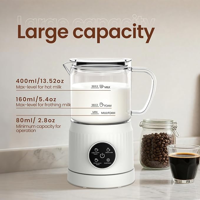 4-in-1 Electric Milk Frother and Steamer for Whole Milk, LED Touch Screen, Cold and Warm Foam Maker, Ceramic-Coated, 13.52oz for Lattes, Cappuccinos and Hot Chocolate, Auto Shut-Off, Cream White
