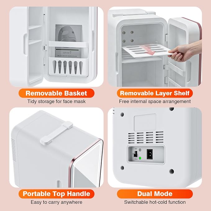 YLFU Skincare Fridge, 6L Small Mini Fridge for Bedroom with 3-Level LED Mirror for Makeup Cosmetics, Cooler & Warmer Personal Refrigerator for Drink Office Dorm and Food