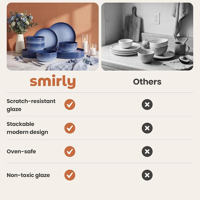 SMIRLY Stoneware Dinnerware Set for 4, 12-Piece Ceramic Plates and Bowls Set, Chip & Scratch Resistant Dish Set, Microwave, Dishwasher & Oven Safe for Everyday Meals, Blue