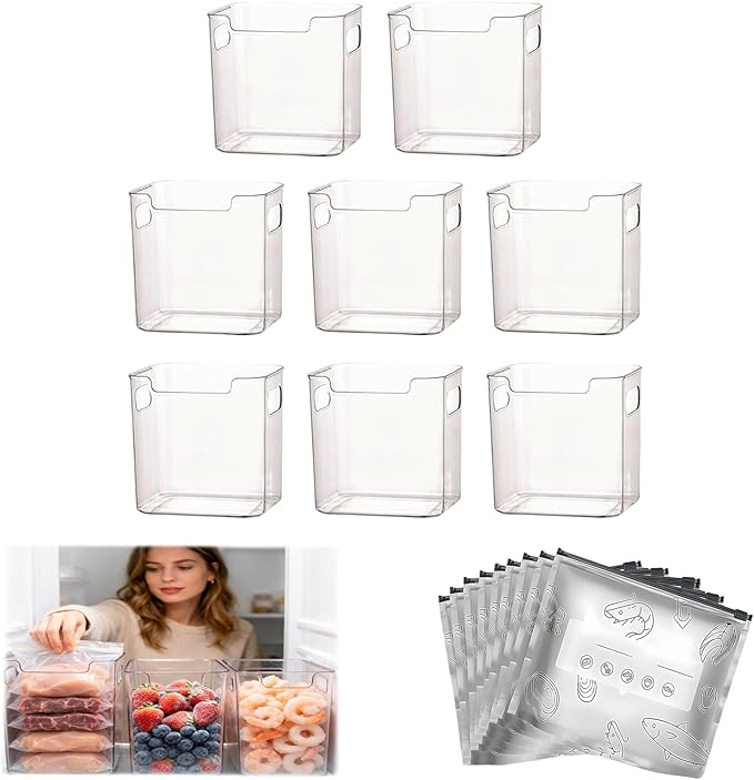 Crystal Clear Freezer Storage Bins, 4 Pack Clear Plastic Bins for Refrigerator and Pantry, Stackable Kitchen Cabinet Organizer with Handles for Frozen Food, Meat & Veggies (8PCS S)