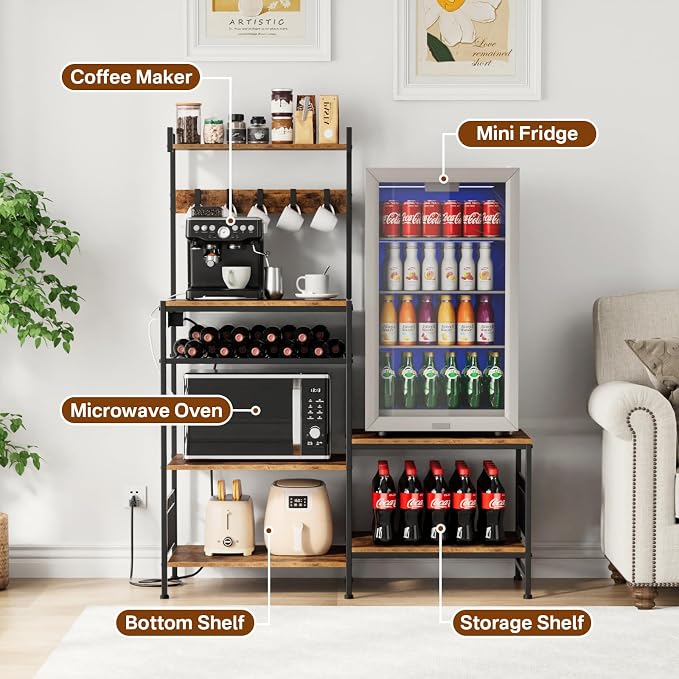 Portin Mini Fridge Stand Coffee Bar Cabinet with Power Outlet | 7 Tier Shelf with S-Hooks, Kitchen Bakers Rack, Fit microwave, toaster, kitchen utensils, and beverages, for Dorm,Office