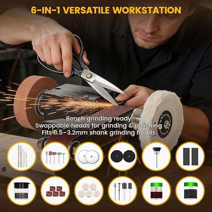 6-In-1 Mini Belt Sander Mini Belt Sander, Electric Small Sander Knife Sharpener Supplies, 7 Adjustable Speed, 795 Motor, Metal Wood DIY Handcraft, Tool & Knife Sharpening (Deluxe Set).