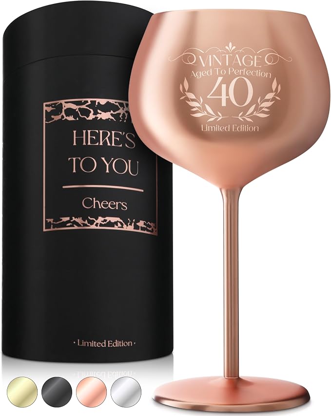 Gusto Nostro 40th Birthday Wine Glass - Classy 40th Birthday Gifts for Women or Men - Stainless Steel Wine Glass with Engraved Vintage Forty Bday Quote, Luxury Box - Bday Gift for 40 Year Old Woman