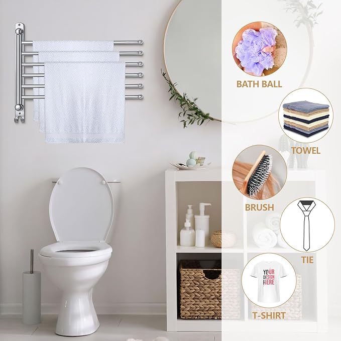 Teenyyou 20.4 Inches Swivel Towel Rack 304 Stainless Steel 6 Arms Bathroom Towel Rack Hanger Pool Holder Wall Mounted Swivel Bar Space Saving with Hook(Sliver)