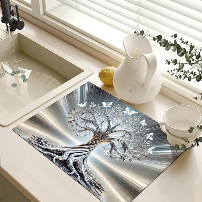 HOMETITUTE Silver Tree Stove Top Covers Pad Kitchen Decorations Dish Drying Mat 28 x 20 inches Tree of Life Coffee Bar Mats Absorbent Pad Fit Coffee Maker Machine Dish Drying Kitchen Decor