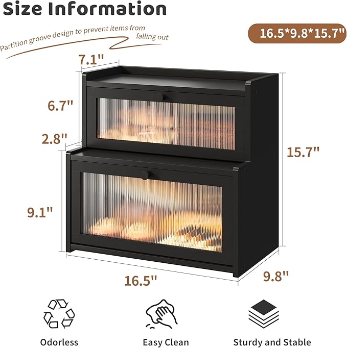 Bread Box for Kitchen Countertop Double Layer Large Corner Bread Box Capacity Bread Storage Bin Farmhouse Breadbox Container Organizer Cabinet Cupboard Black