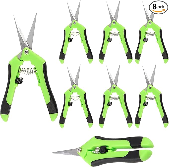JEUIHAU 8 Pack 6.5 Inches Bud Trimming Scissors, Gardening Hand Pruning Shears with Straight Tip Stainless Steel Blades, Micro Tip Pruning Snips for Trimming Garden Herb Plant Flower, Green