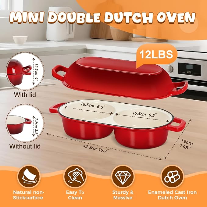 Double Dutch Oven for Sourdough Bread Baking, 2.2QT (Red) | Enamelled Cast Iron Bread Pan with Lid, Double Round Loaf Space, 16.5cm Diameter, Mini Double Dutch Oven for Homemade Baking