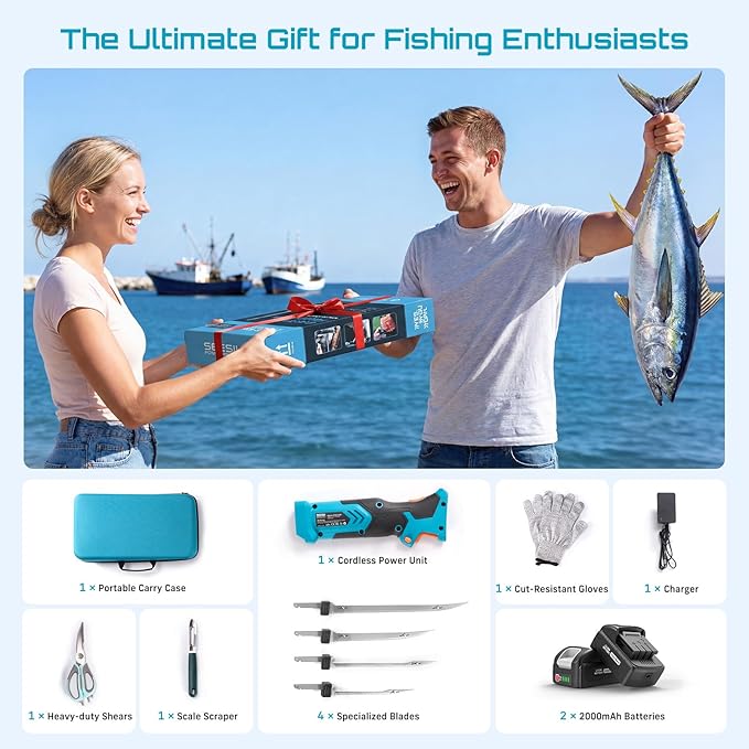 Seesii Cordless Electric Fillet Knife with 4 Blades, 100 Mins High Speed Filet Knife for Fish, Ergonomic Non-Slip Grip, Safty Lock, Carry Bag Kit for Filleting and Meat Slicing
