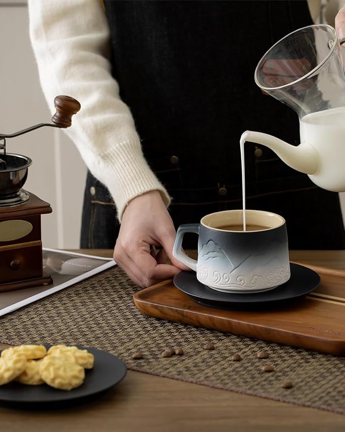 8 oz Cappuccino Cups Set of 2, Embossment Artistic Ceramic Coffee Cups with Saucers Set for Latte Art, Stoneware Cups for Cafe Au Lait, Black Tea, Coffee Lovers Gifts
