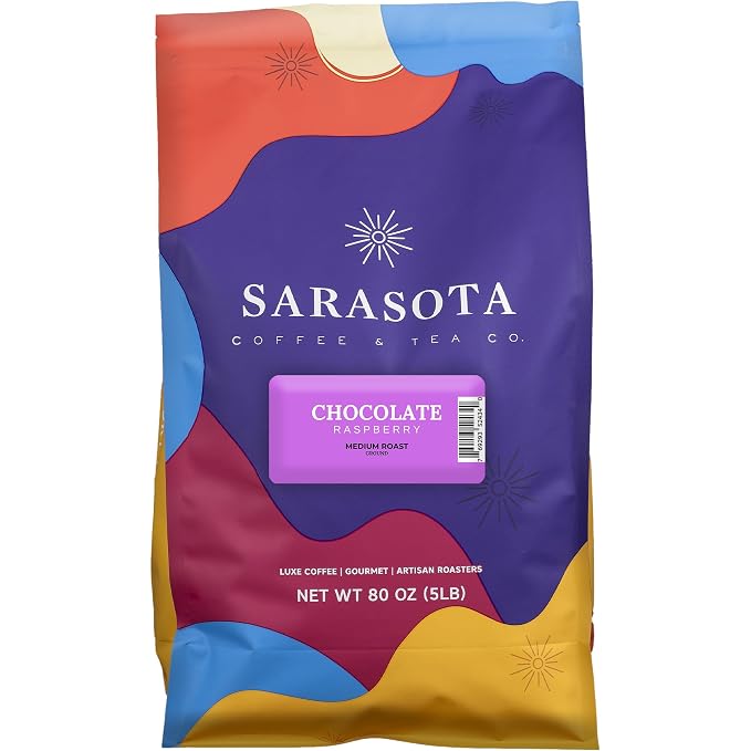 Sarasota Coffee Ground Chocolate Raspberry | Medium Roast Gourmet Flavored Coffee Grounds | Low Acid, Mold Free, Specialty Grade Flavored Bulk Ground Coffee | 5lb (80 oz)