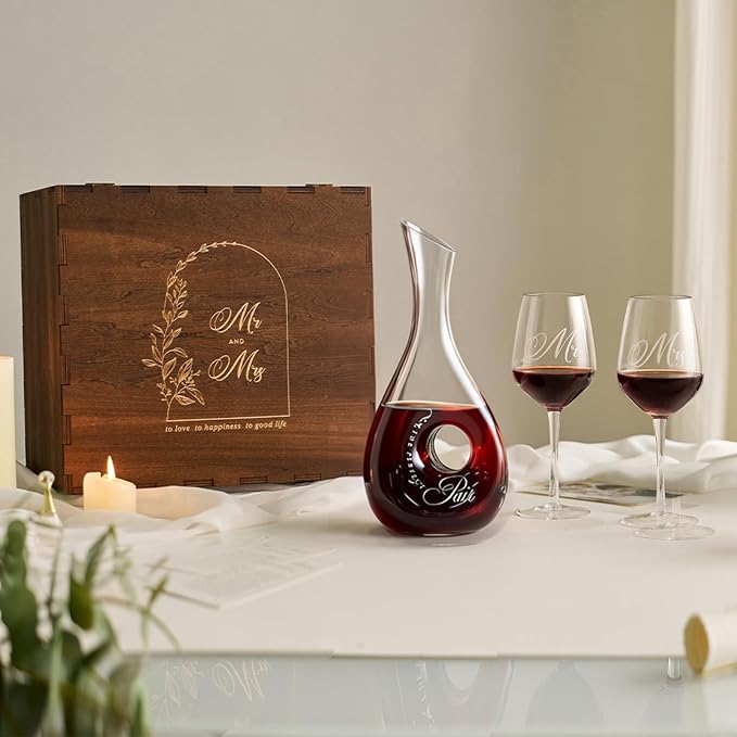 AW BRIDAL Wedding Gifts for Couples 2026, Mr and Mrs Wine Glasses and Decanter Set with Wood Box, Engagement Gift for Newly Engaged Couple, Bride and Groom Gift for Bridal Shower, Anniversary