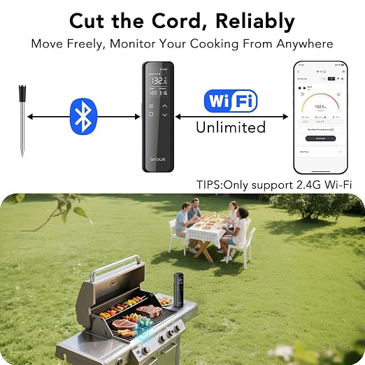 Wireless Meat Thermometer Bluetooth with Digital Standalone Base, WiFi Unlimited Range, 6 Precision Sensor, IP67 Waterproof and Heat Resistant, Kitchen Essentials for Oven BBQ Grilling and Smoking