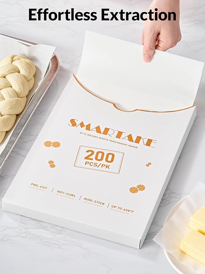 SMARTAKE 200 Pcs Parchment Paper Baking Sheets, 8x12 Inch Non-Stick Precut Baking Parchment, Suitable for Baking Grilling Air Fryer Steaming Bread Cup Cake Cookie and More (White)