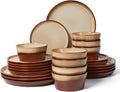 Pokini Dinnerware Set for 8, Ceramic Dish Sets, Plate and Bowl Set, Microwave & Dishwasher Safe Dishware Set, Chip & Scratch Resistant Dinner Set, One-of-a-Kind Design, Amber Brown