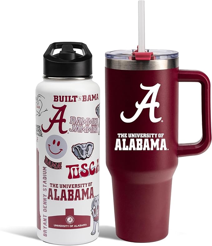 The Memory Company Officially Licensed NCAA 2-Pack Stainless Steel Tumbler Set, 34oz Team Spirit Water Bottle & 40oz Game Day Tumbler with Lid and Straw, BPA-Free Materials, Convenient Straw Design
