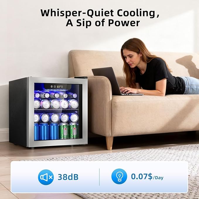 Antarctic Star 48 Can Mini Beverage Refrigerator, 1.3 Cu.Ft Compact Drink Cooler with Glass Door, Adjustable Temp 40-61°F, Quiet Freestanding Wine & Soda Cooler for Home Office Dorm, LED Lit