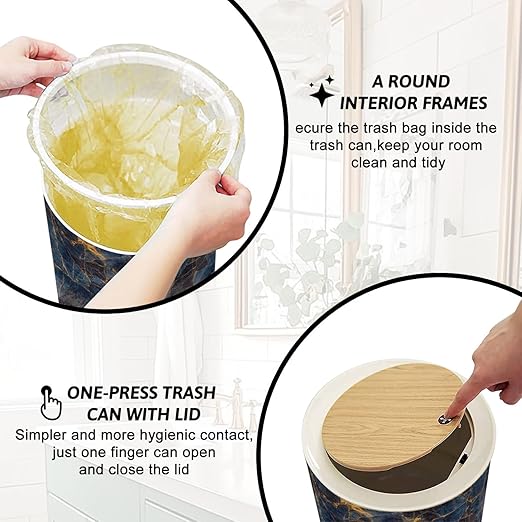 Trash Can with Lid Blue Marble Texture Italian Marble Slab Press Top Round Small Garbage Bin with Wooden Legs Waste Basket for Kitchen Bedroom Nursery 7L/1.8 Gallon