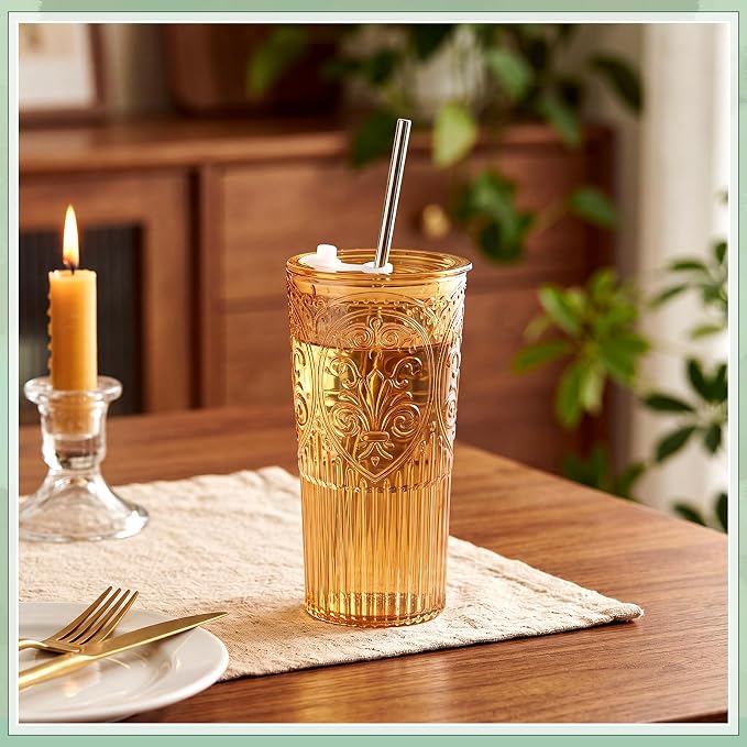 4 Set 20oz Vintage Plastic Tumbler with Lids and Straws Ribbed Floral Drinking Glasses Reusable Iced Coffee Cups for Water Juice Smoothie Cocktail Travel Party Events Gift (Amber)