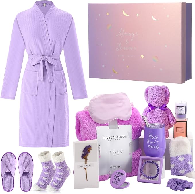 Sieral 14 Pcs Birthday Gifts for Women Care Blanket Gifts Set Spa Baskets Get Well Soon Gift Baskets Mother's Day Gift for Women Mom Her Girlfriend Sister Daughter Friend Wife Grandma(Plain,Purple)