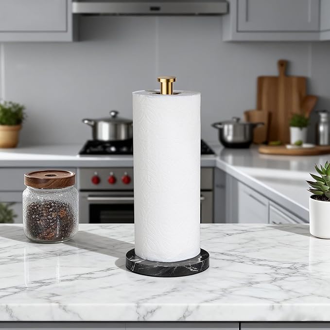 YIGII Heavy Marble Base Paper Towel Holder Countertop - Standing Paper Towel Roll Holder with Black Weighted Base, Gold Papertowel Holder for Kitchen