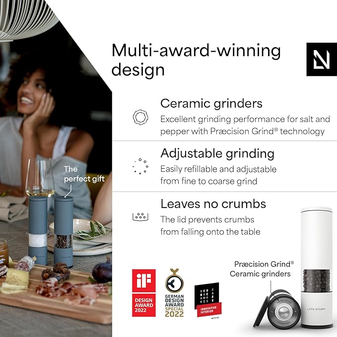 LARS NYSØM Salt and Pepper Grinder Set Manual, Stainless Steel Salt and Pepper Mills with Adjustable Ceramic Grinder I Design Spice Shakers (Black/White)