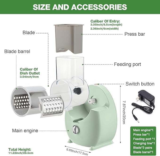 Electric Cheese Grater for Block Cheese - 3 in 1 Rotary Cheese Grater Electric Rotary Grater Salad Shooter Electric Slicer for Cheeses, Fruits, Vegetables and Nuts (Green, 6.89"x7.87")