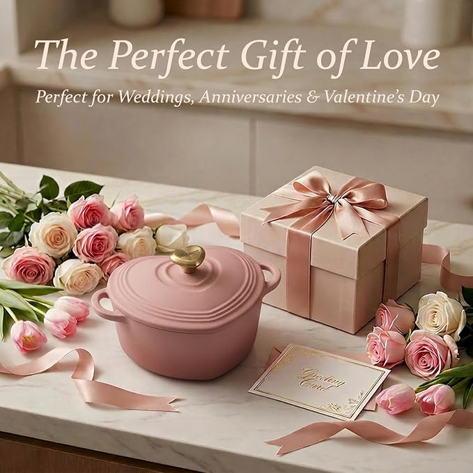 Overmont Heart-Shaped Enameled Cast Iron Dutch Oven, 2QT Pink Mini Pot with Lid for Cozy Meals, Soups & Small Batch Baking, Cute Kitchen Cookware Gift for Wedding, Housewarming & Birthday