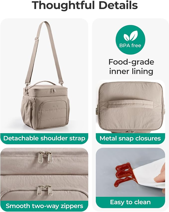 BAGSMART Puffy Insulated Lunch Bag, Lightweight Large 14L Double Deck Lunch Box for Women, Soft Cooler Tote for Office Work Travel Camping with Stretch Side Pockets Fits 40 oz Bottle, Sage Green