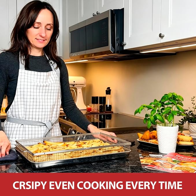 Geesta 304 Stainless Steel Air Fryer Basket for Oven with 50 Recipes, 16.5” x 12.5” Extra Large Air Fryer Tray and Pan, Air Fryer Rack, Crisper Basket &Tray, Air Fryer Oven Accessories