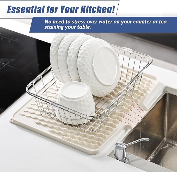 Silicone Dish Drying Mat for Kitchen Counter, Heat-resistant Dish Dryer Mat with Built-in Drain Lip ,Drain Pad Protects Surfaces Prevents Water Build UP (23.6" x 15.7", Ivory-1pcs)