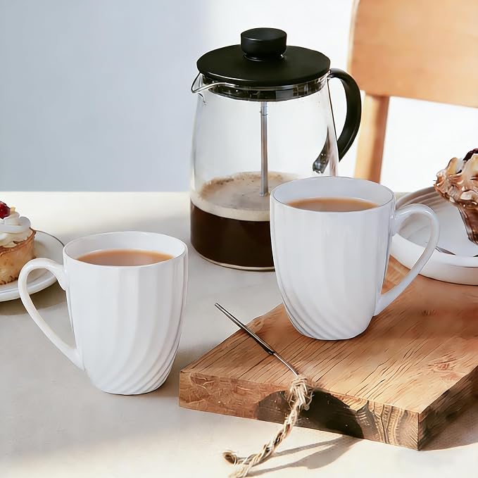 Fine Bone China White Coffee Mugs Set of 2 (12 oz), Ceramic Spiral Pattern Tea Cups, Thin China Coffee Cups, Lightweight Coffee Mugs for Hot Chocolate, Latte, Cappuccino