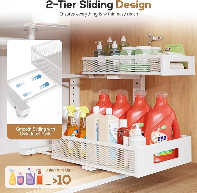 2-Pack Under Sink Storage Organizer, Large 2-Tier Elegant Mesh Pull Out Shelf for Kitchen and Bathroom Cabinet Organization, L-Shaped and Adjustable Height Design for Maximum Space Efficiency-White