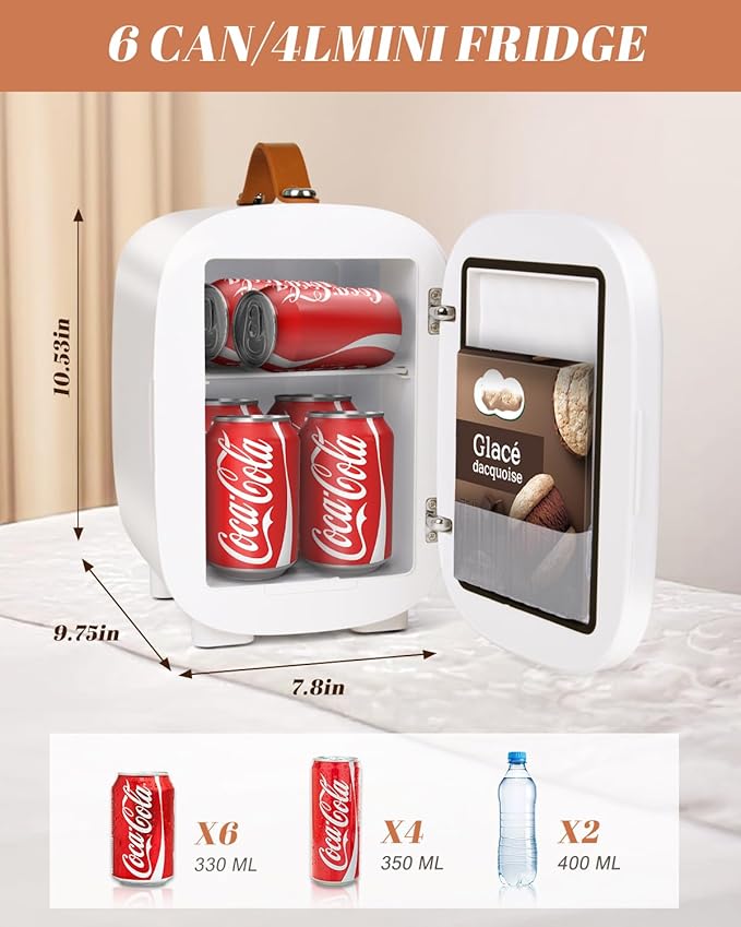 Mini Fridge for Bedroom, 4 Liter/6 Can Skincare Fridge With LED Mirror & Leather Carrying Handle,12v AC/DC Cooler & Warmer Portable Small Refrigerator for Drinks, Makeup, Dorm, Office and Car(White)