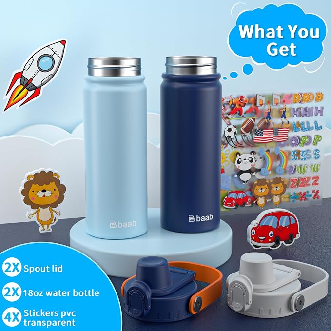 baab 18oz Kids Water Bottle, Insulated Kids Water Bottle with Lockable Spout Lid & Stickers, 18/8 Stainless Steel Vacuum Leakproof Kid Water Cup for Boy Girl & School (Navy Blue+Grey, 2 Pack)