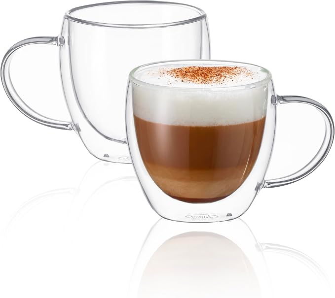 CNGLASS Double Wall Glass Coffee Mugs with Handle,8.5oz Clear Insulated Glass Espresso Cups for Hot and Cold Beverages,Latte,Cappuccino,Set of 2