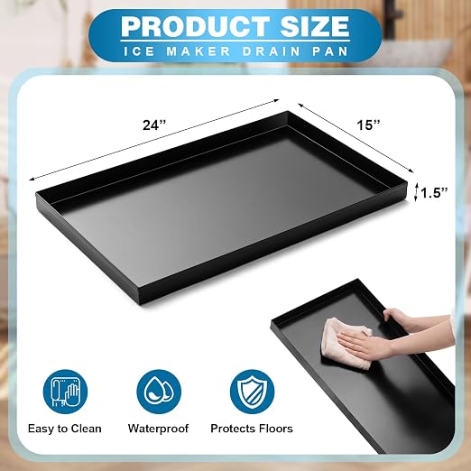 Wesiti 1 Pcs Ice Maker Drain Pan 24" x 15" x 1.5" Water Damage Prevention Galvanized Steel Welded Ice Maker Drain Pan, Leak-Proof Corrosion-Resistant, for Household and Commercial (Black)
