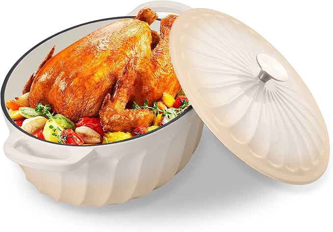 Enameled Dutch Oven Pot with Lid, 7 QT Cast Iron Dutch Oven with Dual Handles, Oval Dutch Oven for Cooking, Bread Baking, Frying, Non-stick Enamel Coated Oven (Caramel White)