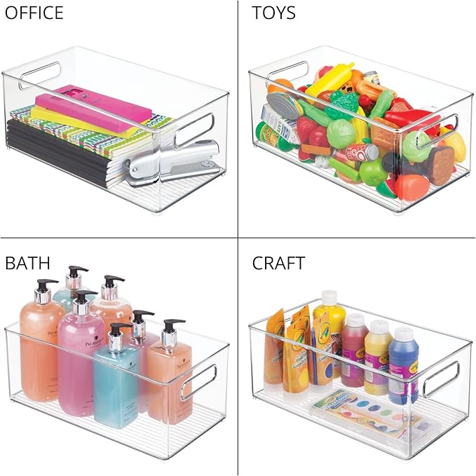 mDesign Deep Plastic Storage Organizer Container Bin, Closet Organization for Hallway, Bedroom, Linen, Coat, and Entryway - Holds Clothing, Blankets, Accessories, Toys, Ligne Collection, 4 Pack, Clear