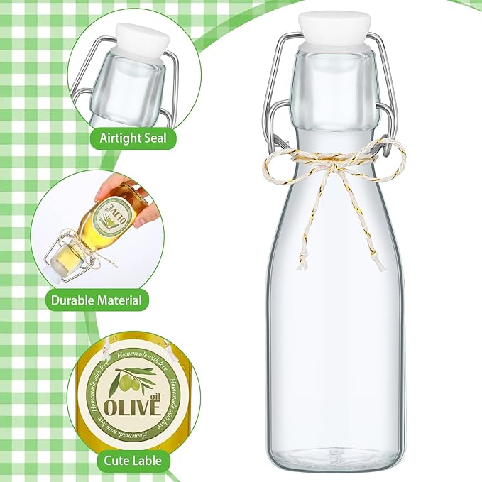 Queekay 20 Pack Mini Swing Top Glass Bottles for Vanilla Extract Homemade Olive Oil Bottles with Lids Airtight Cap Lids Labels for Wedding Baby Shower Favors(5.07 oz,Clear)