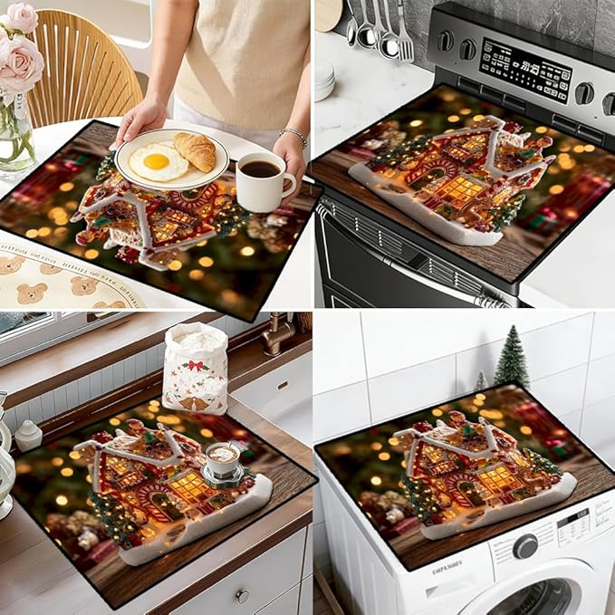 Stove Top Cover for Electric Stove 28.4 x 20.5 Inch Non Slip Stove Mat Oil Proof Christmas Village House Glass Cooktop Protector Kitchen Counter Mat